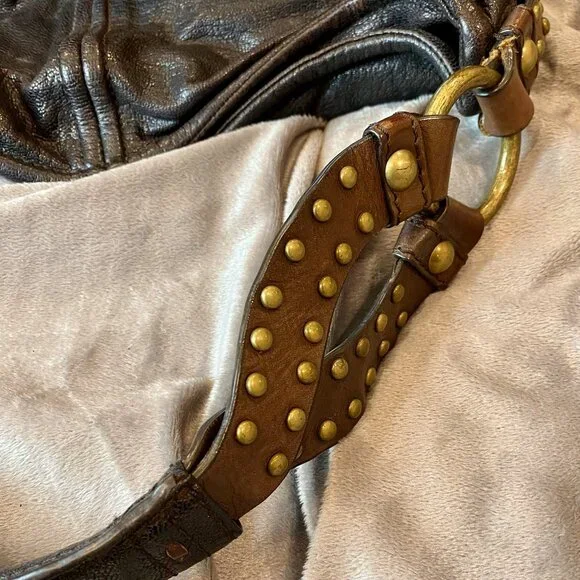 BOTKIER VINTAGE BOMBAY BURGUNDY/BROWN GOLD STUDDED TALL LEATHER HANDBAG - Picture 6 of 12